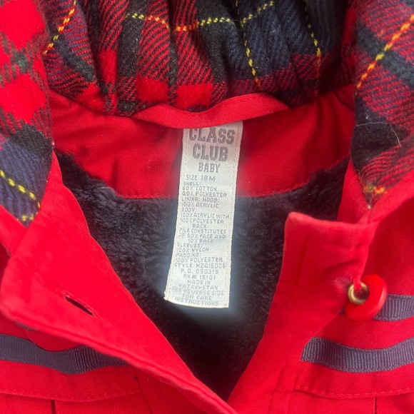 Vtg 1990s Class Club Red/Navy Faux Fur Lined Coat - Picture 4 of 8